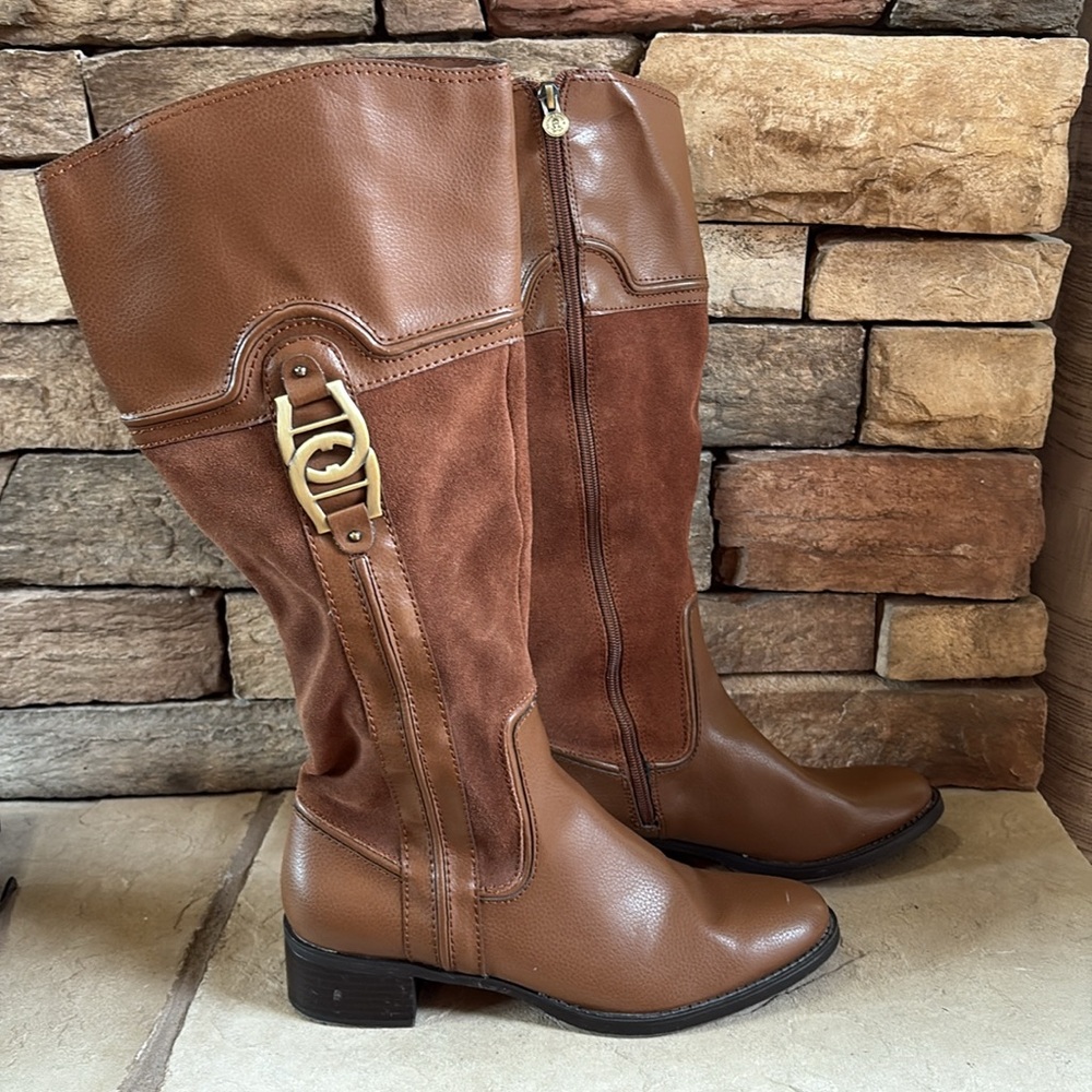 Etienne Aigner Brown Leather & Suede Knee-High Heeled Boots - Picture 6 of 15